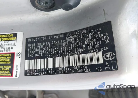 2012 Toyota Corolla Le из США, поврежденный, VIN 2T1BU4EE0CC821313